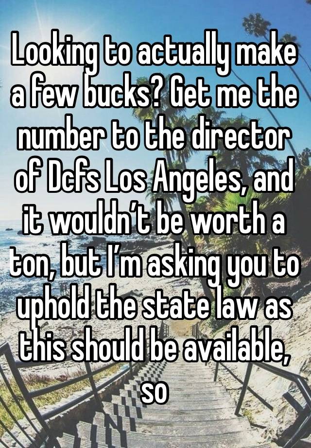 Looking to actually make a few bucks? Get me the number to the director of Dcfs Los Angeles, and it wouldn’t be worth a ton, but I’m asking you to uphold the state law as this should be available, so