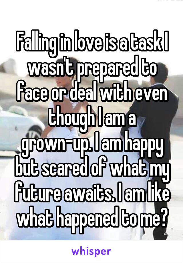 Falling in love is a task I wasn't prepared to face or deal with even though I am a grown-up. I am happy but scared of what my future awaits. I am like what happened to me?