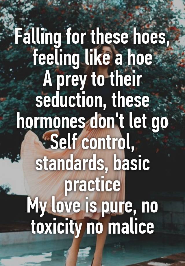 Falling for these hoes, feeling like a hoe
A prey to their seduction, these hormones don't let go
Self control, standards, basic practice
My love is pure, no toxicity no malice