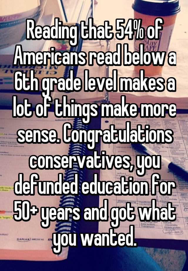 Reading that 54% of Americans read below a 6th grade level makes a lot of things make more sense. Congratulations conservatives, you defunded education for 50+ years and got what you wanted.