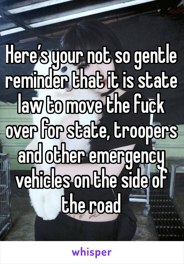 Here’s your not so gentle reminder that it is state law to move the fuck over for state, troopers and other emergency vehicles on the side of the road 