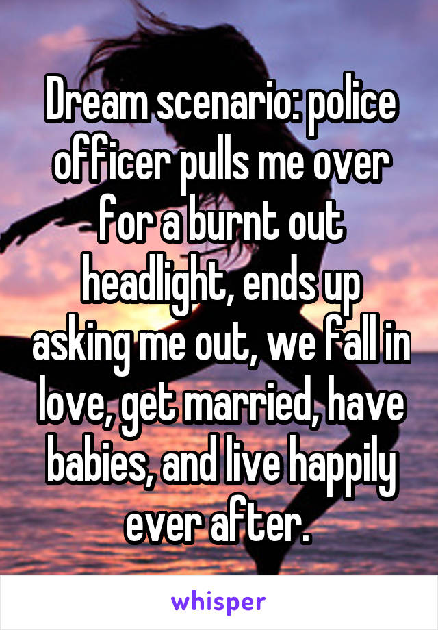 Dream scenario: police officer pulls me over for a burnt out headlight, ends up asking me out, we fall in love, get married, have babies, and live happily ever after. 