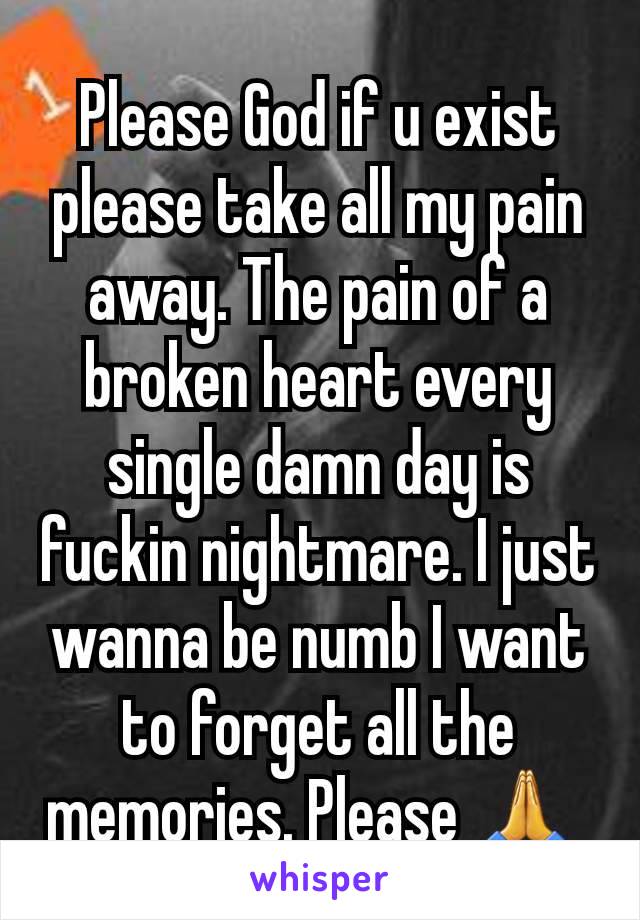 Please God if u exist please take all my pain away. The pain of a broken heart every single damn day is fuckin nightmare. I just wanna be numb I want to forget all the memories. Please 🙏 