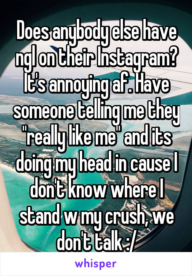 Does anybody else have ngl on their Instagram? It's annoying af. Have someone telling me they "really like me" and its doing my head in cause I don't know where I stand w my crush, we don't talk :/