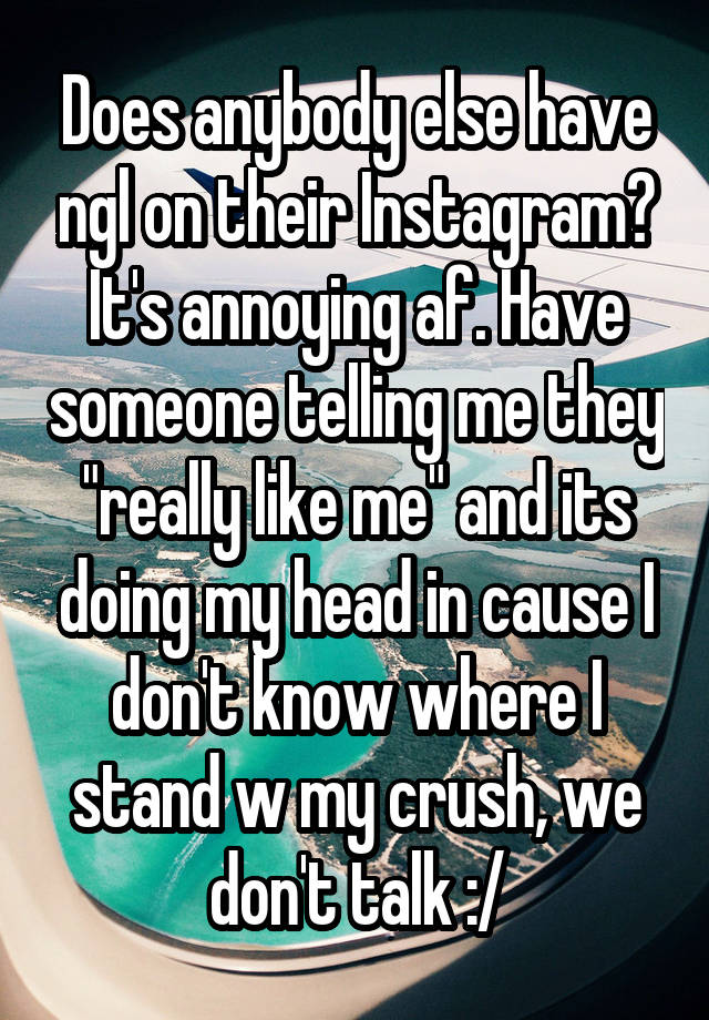 Does anybody else have ngl on their Instagram? It's annoying af. Have someone telling me they "really like me" and its doing my head in cause I don't know where I stand w my crush, we don't talk :/