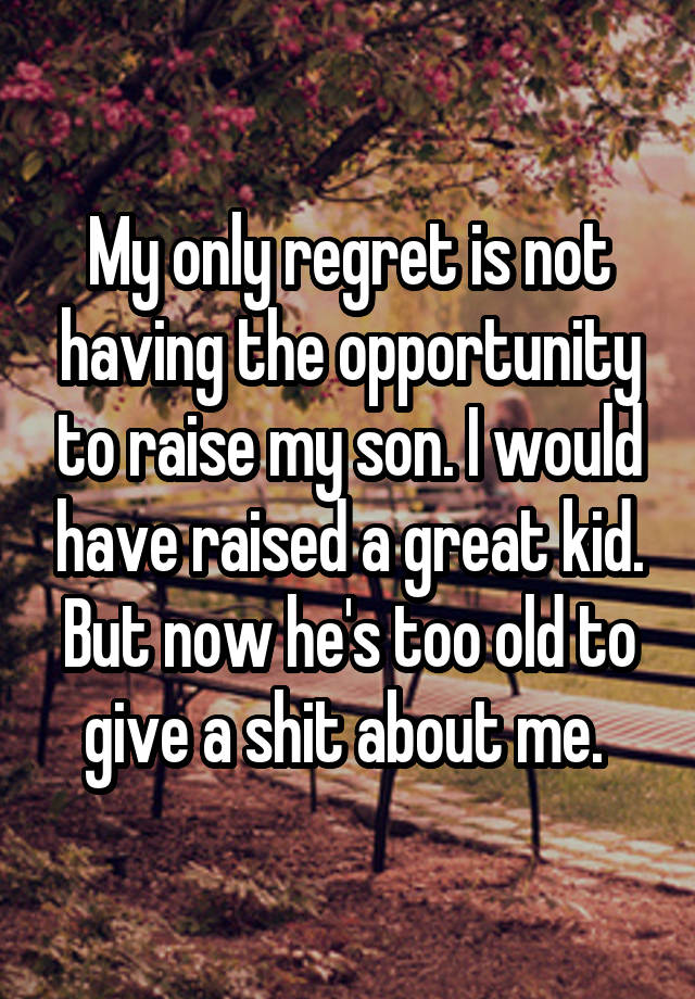 My only regret is not having the opportunity to raise my son. I would have raised a great kid. But now he's too old to give a shit about me. 