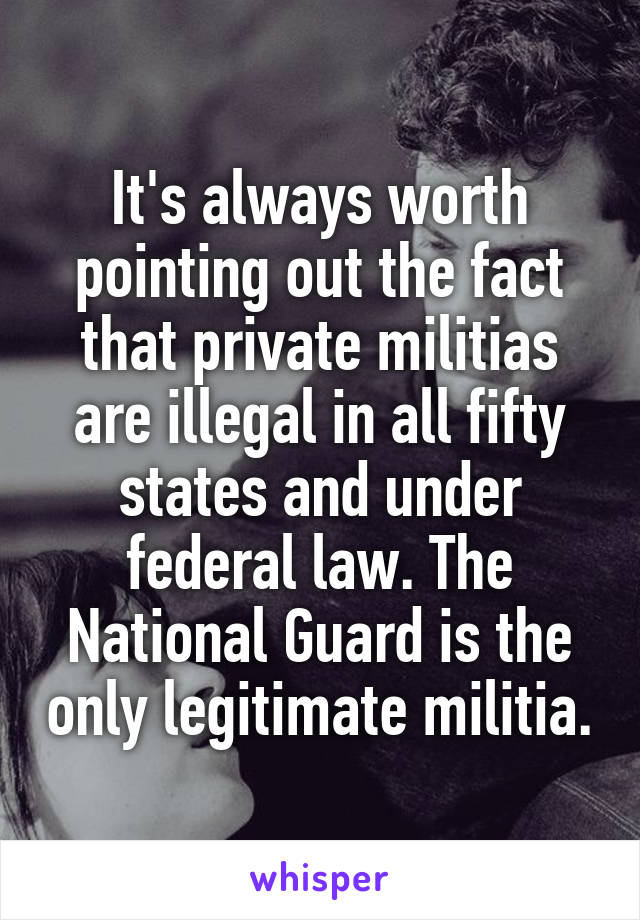 It's always worth pointing out the fact that private militias are illegal in all fifty states and under federal law. The National Guard is the only legitimate militia.