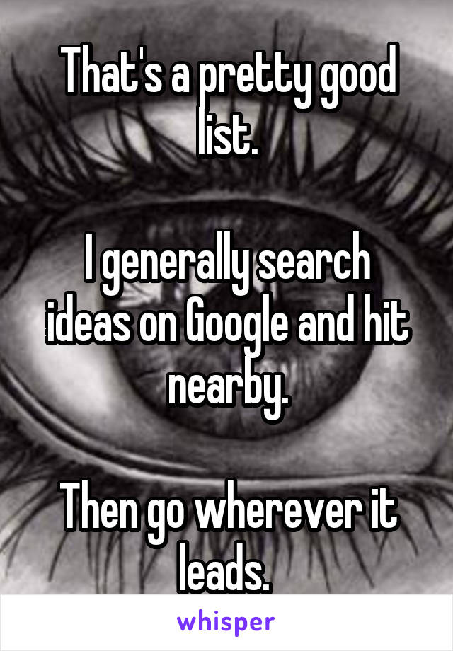 That's a pretty good list.

I generally search ideas on Google and hit nearby.

Then go wherever it leads. 