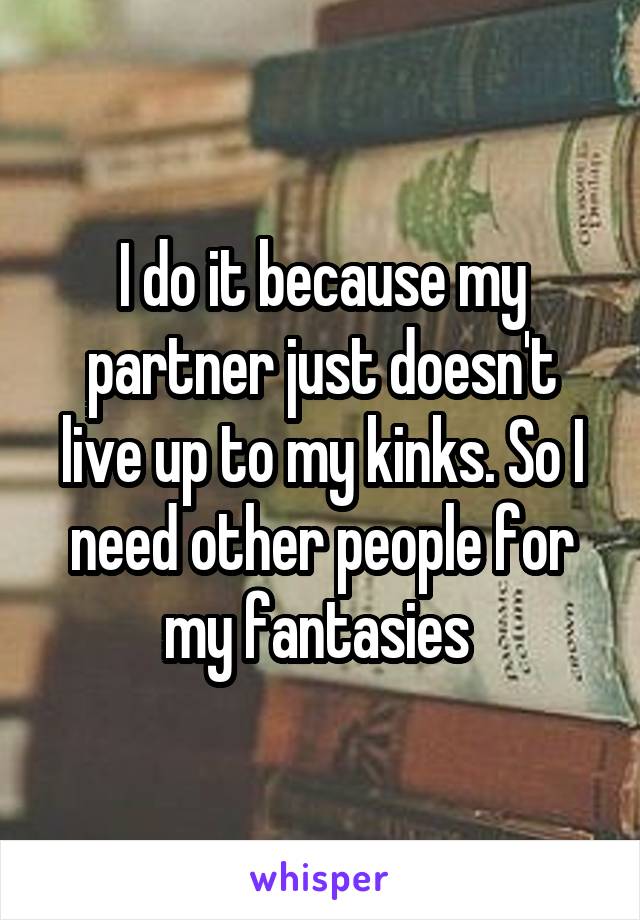 I do it because my partner just doesn't live up to my kinks. So I need other people for my fantasies 