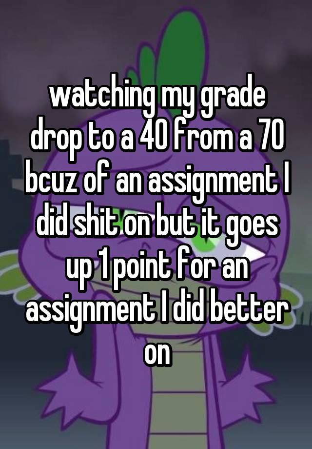 watching my grade drop to a 40 from a 70 bcuz of an assignment I did shit on but it goes up 1 point for an assignment I did better on