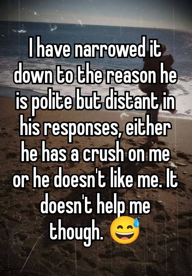 I have narrowed it down to the reason he is polite but distant in his responses, either he has a crush on me or he doesn't like me. It doesn't help me though. 😅