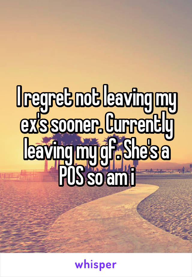 I regret not leaving my ex's sooner. Currently leaving my gf. She's a POS so am i