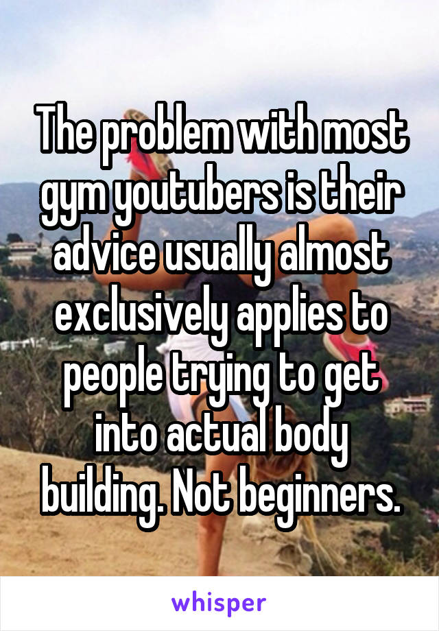 The problem with most gym youtubers is their advice usually almost exclusively applies to people trying to get into actual body building. Not beginners.