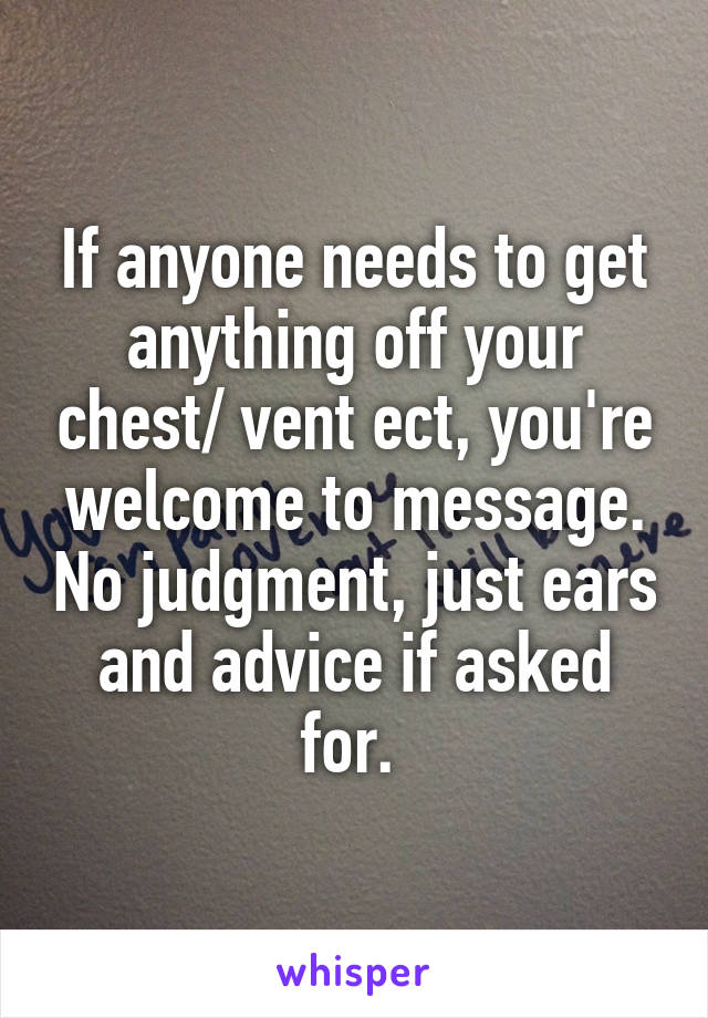 If anyone needs to get anything off your chest/ vent ect, you're welcome to message. No judgment, just ears and advice if asked for. 