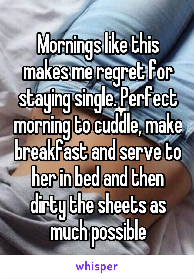 Mornings like this makes me regret for staying single. Perfect morning to cuddle, make breakfast and serve to her in bed and then dirty the sheets as much possible