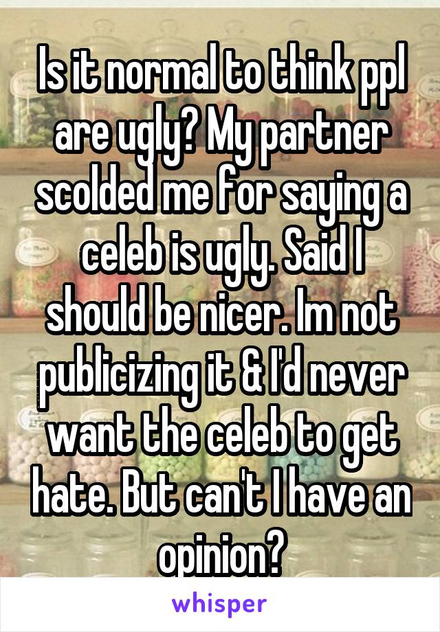 Is it normal to think ppl are ugly? My partner scolded me for saying a celeb is ugly. Said I should be nicer. Im not publicizing it & I'd never want the celeb to get hate. But can't I have an opinion?