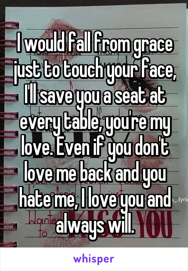 I would fall from grace just to touch your face, I'll save you a seat at every table, you're my love. Even if you don't love me back and you hate me, I love you and always will.