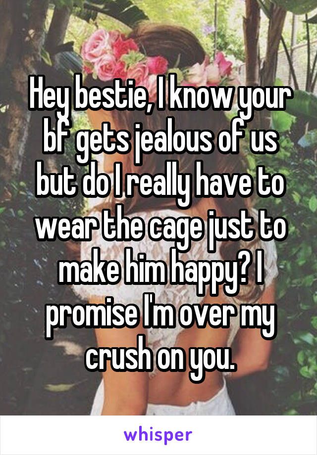 Hey bestie, I know your bf gets jealous of us but do I really have to wear the cage just to make him happy? I promise I'm over my crush on you.