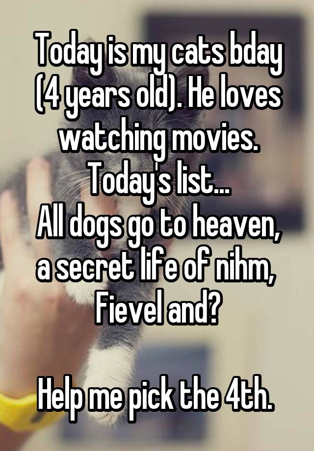 Today is my cats bday (4 years old). He loves watching movies. Today's list...
All dogs go to heaven, a secret life of nihm,  Fievel and?

Help me pick the 4th. 