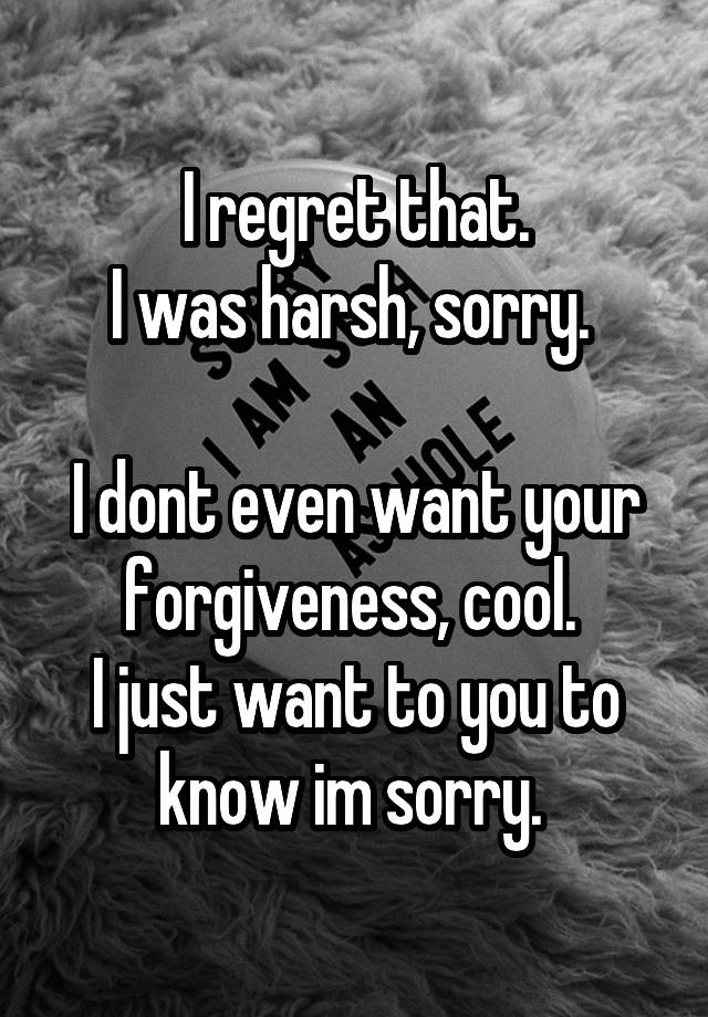 I regret that.
I was harsh, sorry. 

I dont even want your forgiveness, cool. 
I just want to you to know im sorry. 