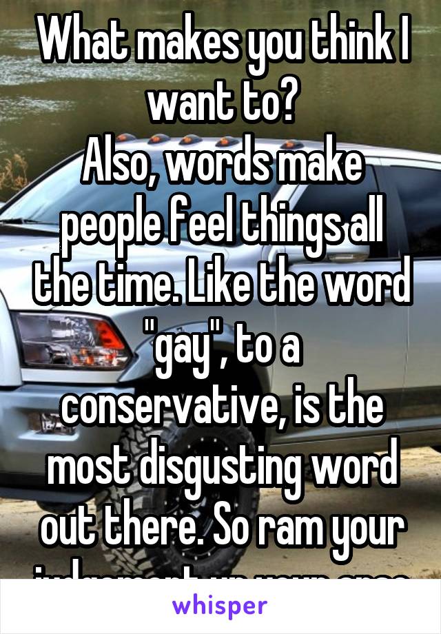 What makes you think I want to?
Also, words make people feel things all the time. Like the word "gay", to a conservative, is the most disgusting word out there. So ram your judgement up your arse