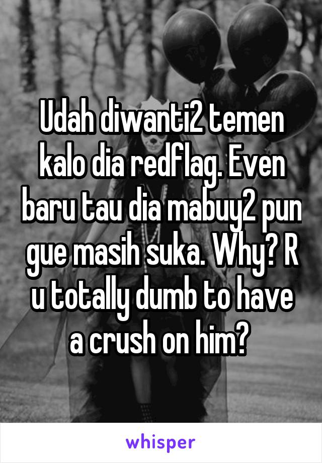 Udah diwanti2 temen kalo dia redflag. Even baru tau dia mabuy2 pun gue masih suka. Why? R u totally dumb to have a crush on him? 