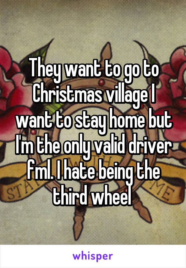 They want to go to Christmas village I want to stay home but I'm the only valid driver fml. I hate being the third wheel 
