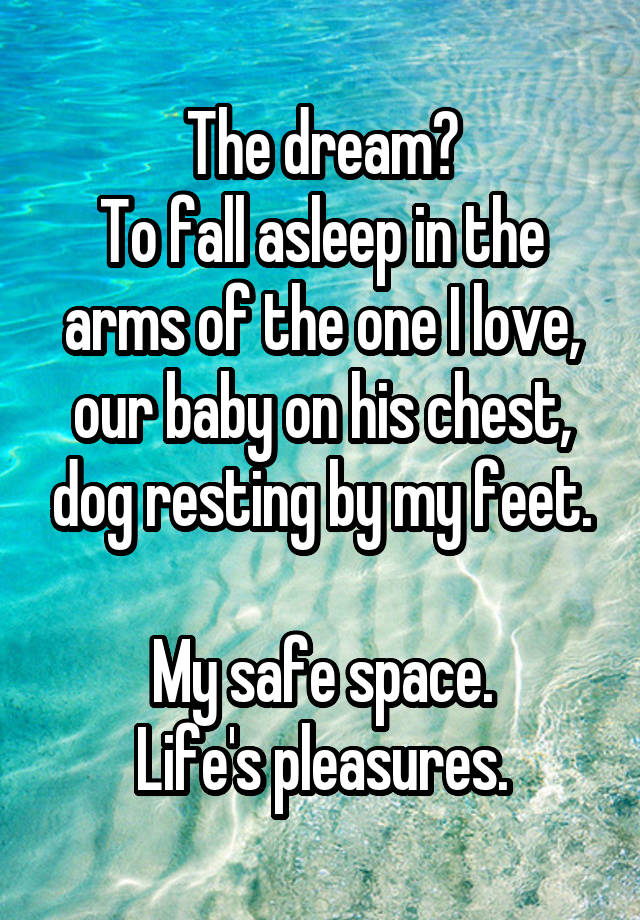 The dream?
To fall asleep in the arms of the one I love, our baby on his chest, dog resting by my feet.

My safe space.
Life's pleasures.