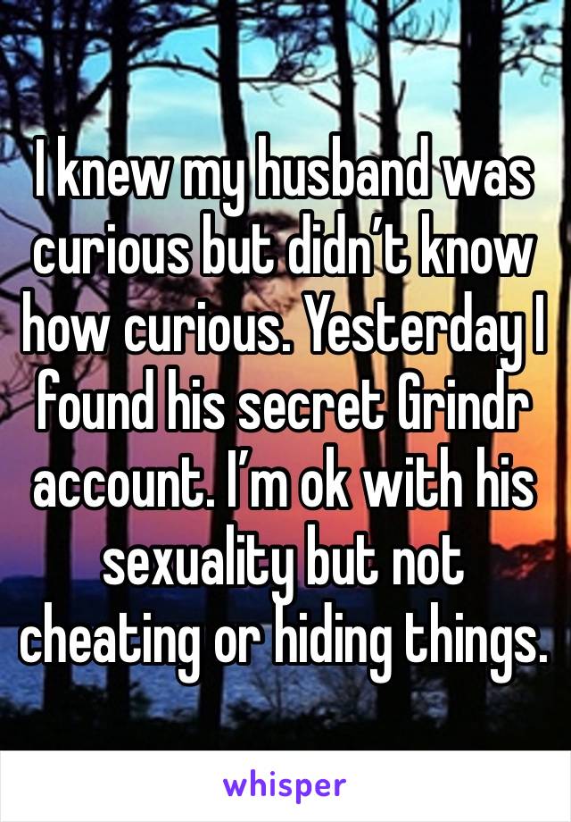 I knew my husband was curious but didn’t know how curious. Yesterday I found his secret Grindr account. I’m ok with his sexuality but not cheating or hiding things. 