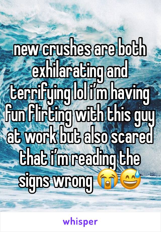 new crushes are both exhilarating and terrifying lol i’m having fun flirting with this guy at work but also scared that i’m reading the signs wrong 😭😅