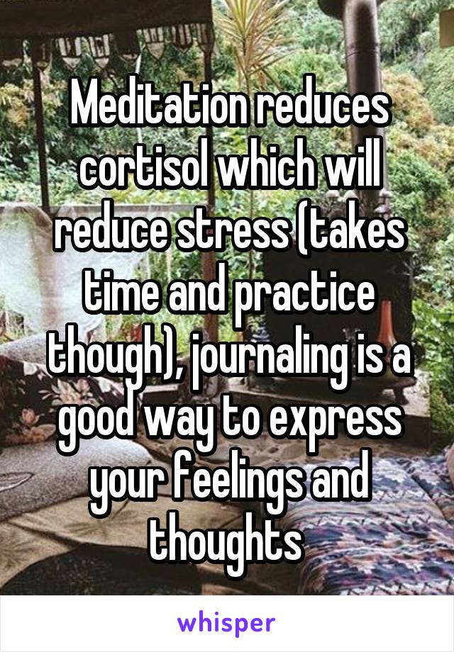 Meditation reduces cortisol which will reduce stress (takes time and practice though), journaling is a good way to express your feelings and thoughts 