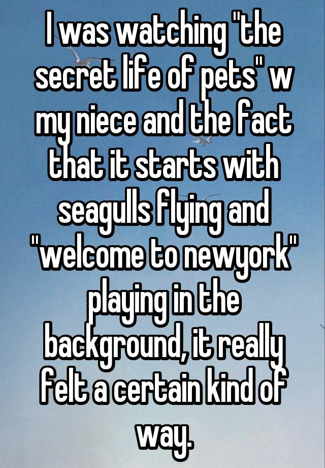 I was watching "the secret life of pets" w my niece and the fact that it starts with seagulls flying and "welcome to newyork" playing in the background, it really felt a certain kind of way.