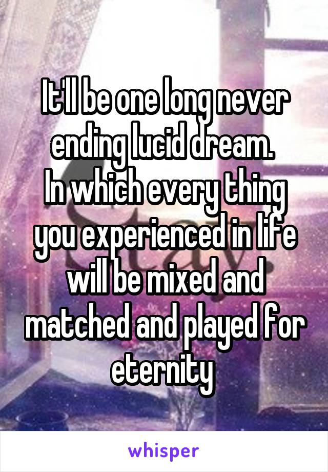 It'll be one long never ending lucid dream. 
In which every thing you experienced in life will be mixed and matched and played for eternity 