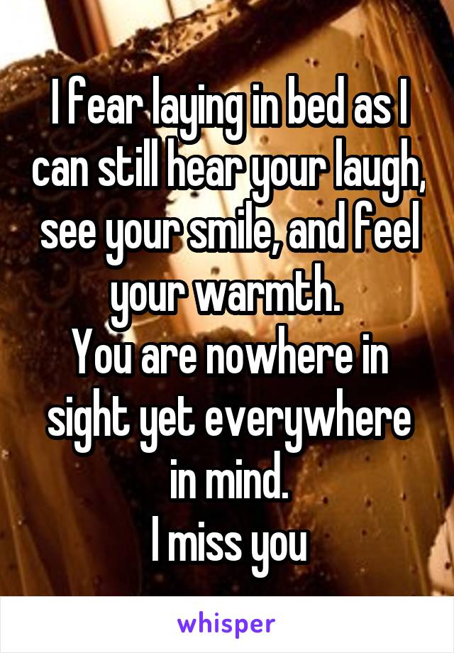 I fear laying in bed as I can still hear your laugh, see your smile, and feel your warmth. 
You are nowhere in sight yet everywhere in mind.
I miss you