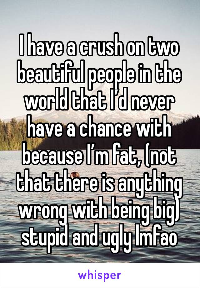 I have a crush on two beautiful people in the world that I’d never have a chance with because I’m fat, (not that there is anything wrong with being big) stupid and ugly lmfao 