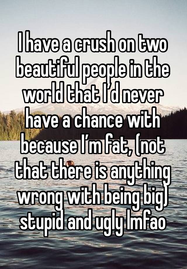 I have a crush on two beautiful people in the world that I’d never have a chance with because I’m fat, (not that there is anything wrong with being big) stupid and ugly lmfao 