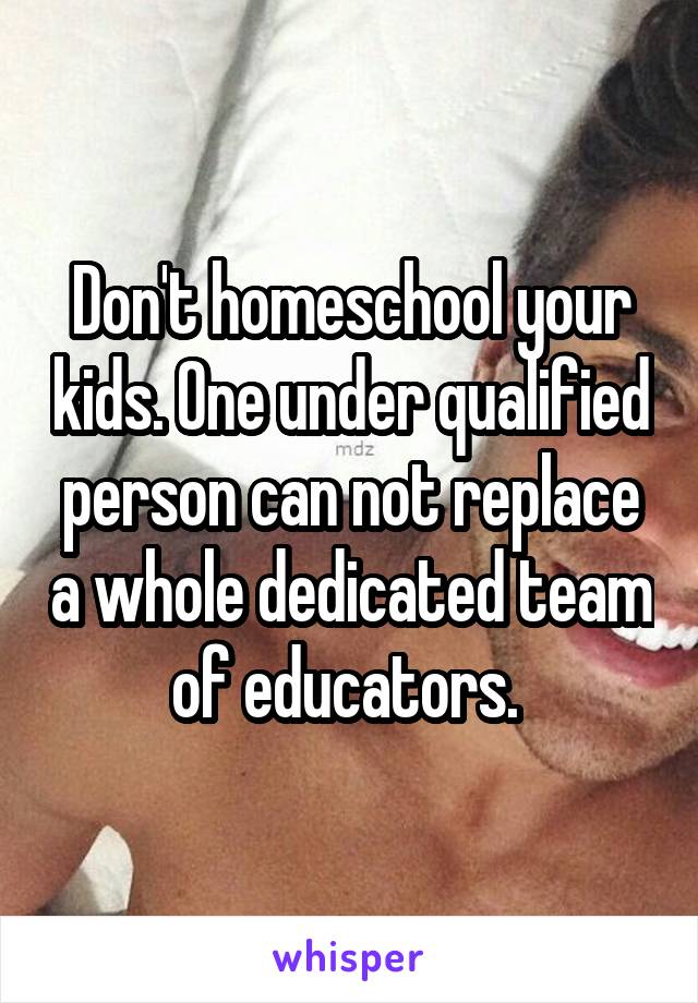 Don't homeschool your kids. One under qualified person can not replace a whole dedicated team of educators. 