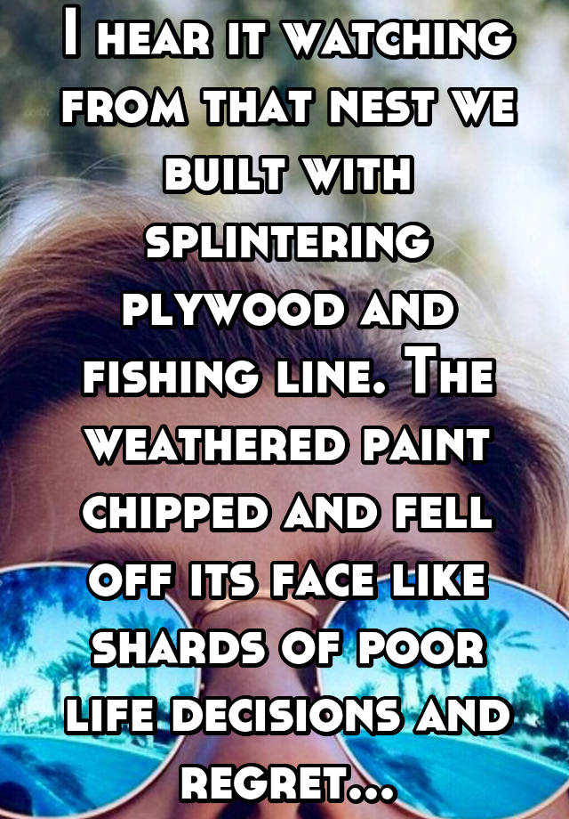 I hear it watching from that nest we built with splintering plywood and fishing line. The weathered paint chipped and fell off its face like shards of poor life decisions and regret...