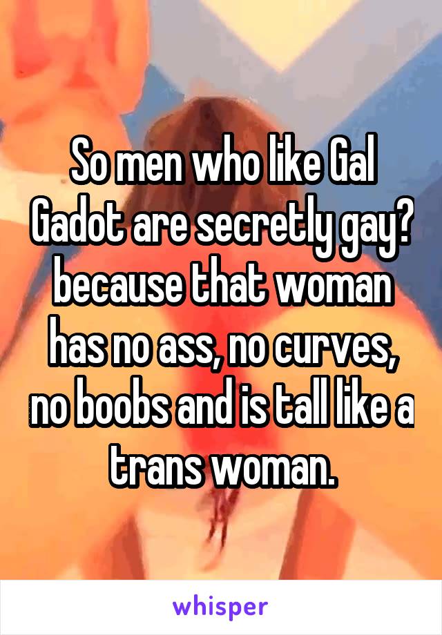 So men who like Gal Gadot are secretly gay? because that woman has no ass, no curves, no boobs and is tall like a trans woman.