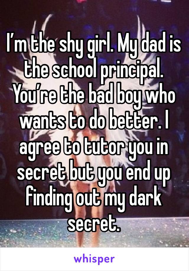 I’m the shy girl. My dad is the school principal. You’re the bad boy who wants to do better. I agree to tutor you in secret but you end up finding out my dark secret.