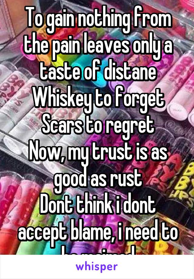 To gain nothing from the pain leaves only a taste of distane
Whiskey to forget
Scars to regret
Now, my trust is as good as rust
Dont think i dont accept blame, i need to be maimed