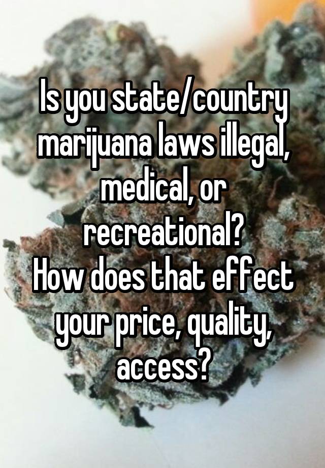 Is you state/country marijuana laws illegal, medical, or recreational?
How does that effect your price, quality, access?