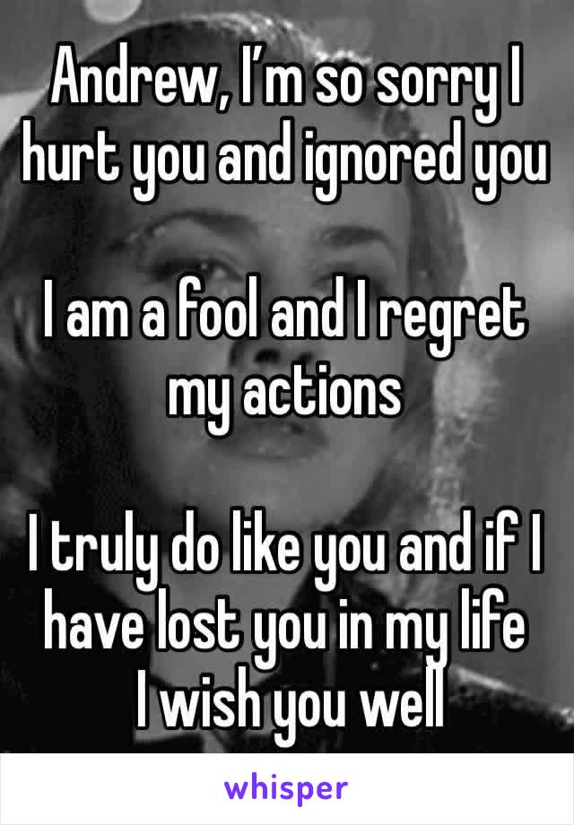 Andrew, I’m so sorry I hurt you and ignored you

I am a fool and I regret my actions

I truly do like you and if I have lost you in my life
 I wish you well