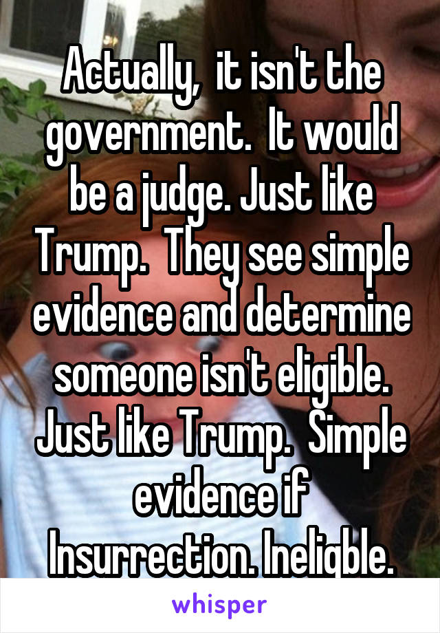 Actually,  it isn't the government.  It would be a judge. Just like Trump.  They see simple evidence and determine someone isn't eligible. Just like Trump.  Simple evidence if Insurrection. Ineligble.