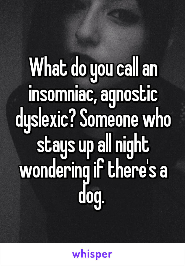 What do you call an insomniac, agnostic dyslexic? Someone who stays up all night wondering if there's a dog. 