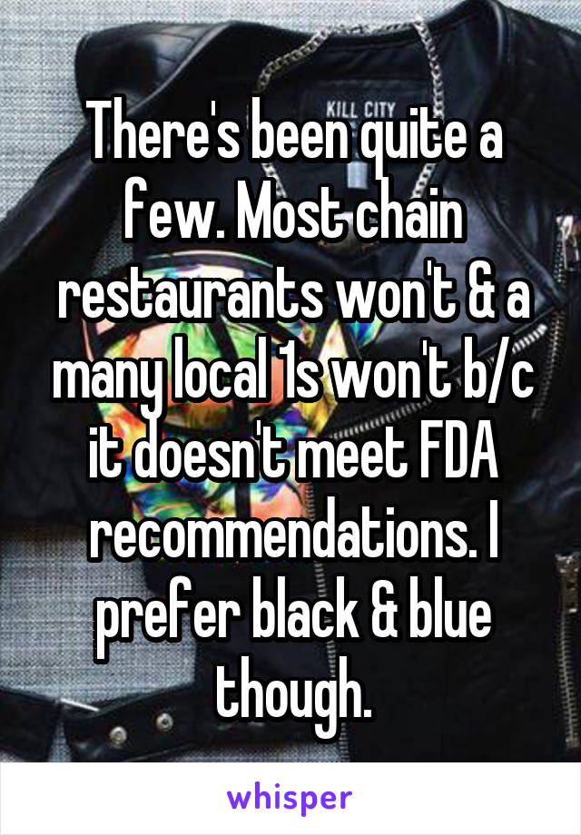 There's been quite a few. Most chain restaurants won't & a many local 1s won't b/c it doesn't meet FDA recommendations. I prefer black & blue though.