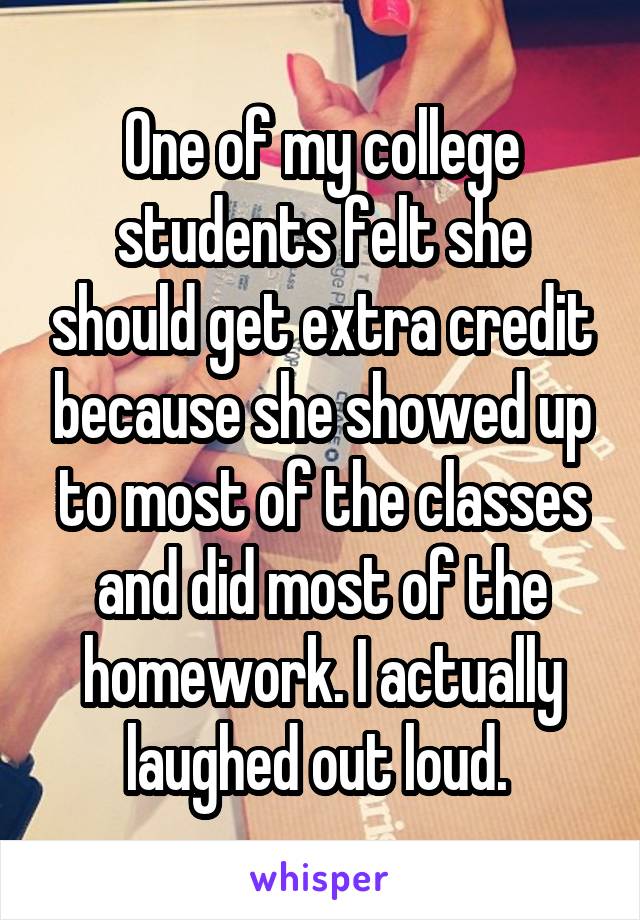 One of my college students felt she should get extra credit because she showed up to most of the classes and did most of the homework. I actually laughed out loud. 