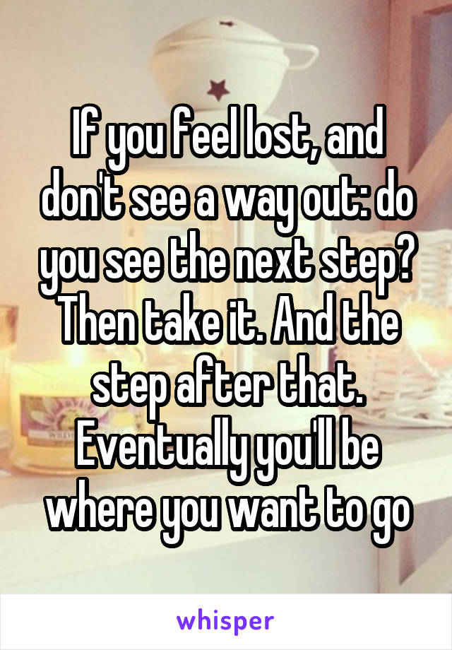 If you feel lost, and don't see a way out: do you see the next step? Then take it. And the step after that. Eventually you'll be where you want to go