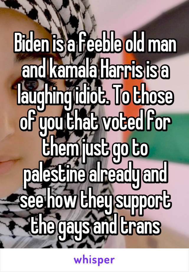 Biden is a feeble old man and kamala Harris is a laughing idiot. To those of you that voted for them just go to palestine already and see how they support the gays and trans