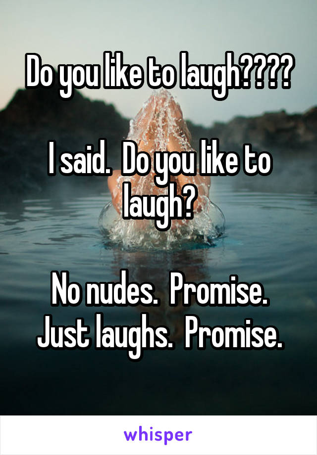 Do you like to laugh????

I said.  Do you like to laugh?

No nudes.  Promise.
Just laughs.  Promise.
